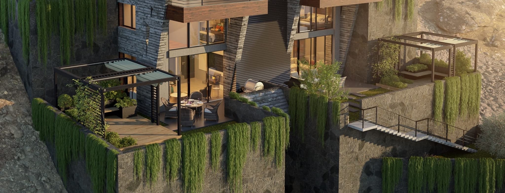 Along the terraces, pergolas and stone